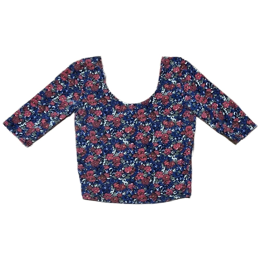 VTG Hollister Floral Crop Y2K Top Blue Red Scoop Neck Elbow Sleeve Womens Small